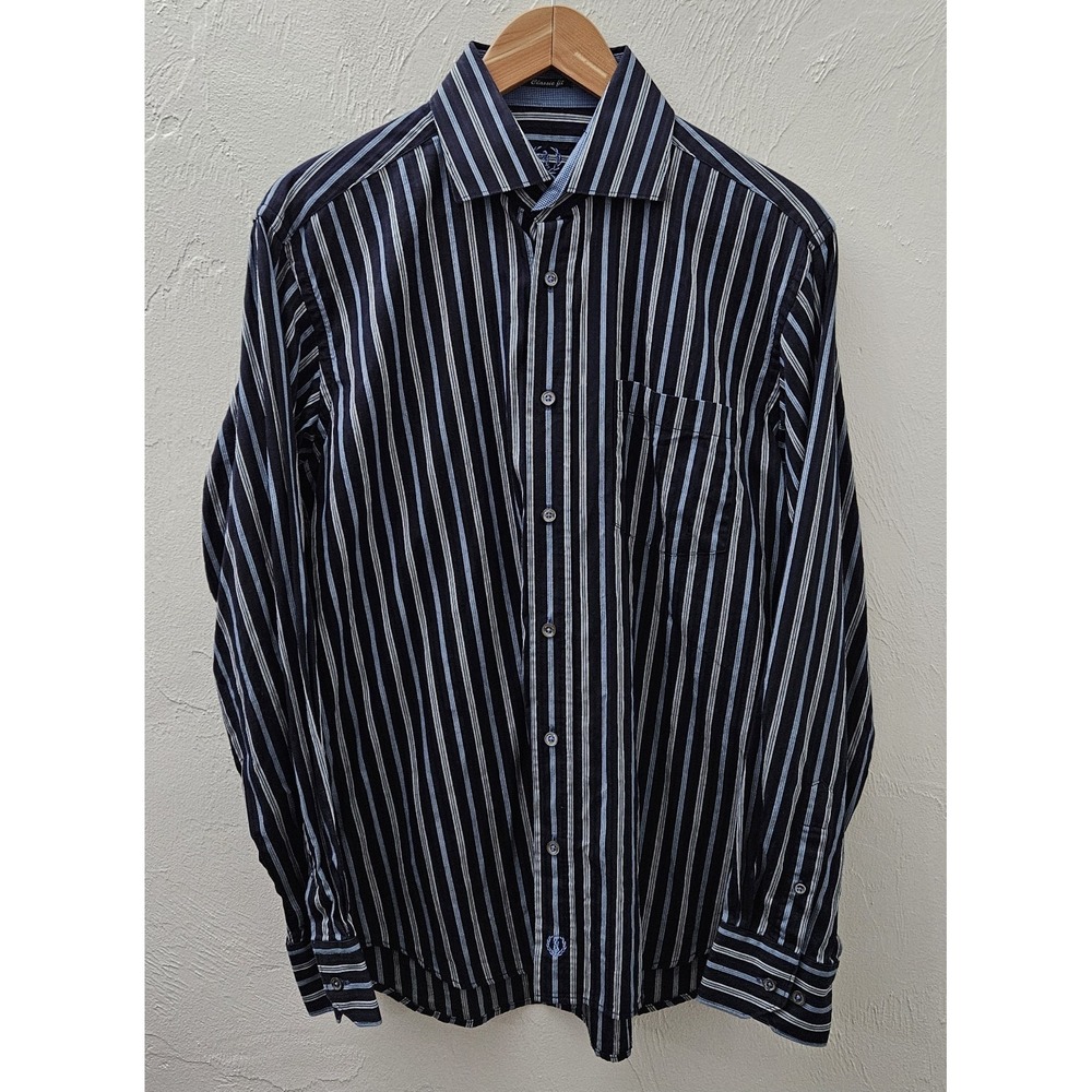 Bugatchi Uomo Men's Blue 100% Cotton Striped Long Sleeve Shirt Size Large‎